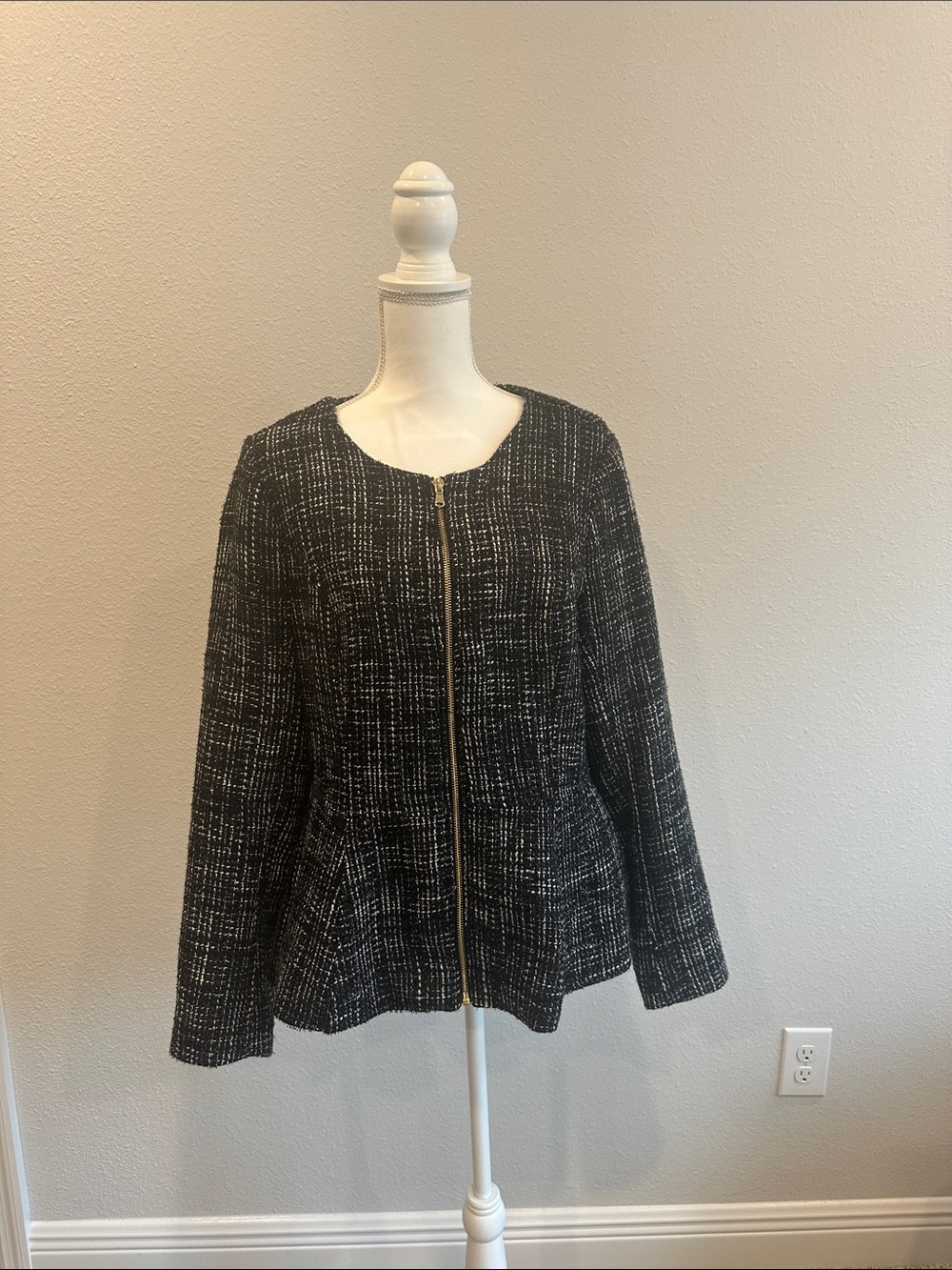 Textured Black & White Tweed Zip-Front Blazer